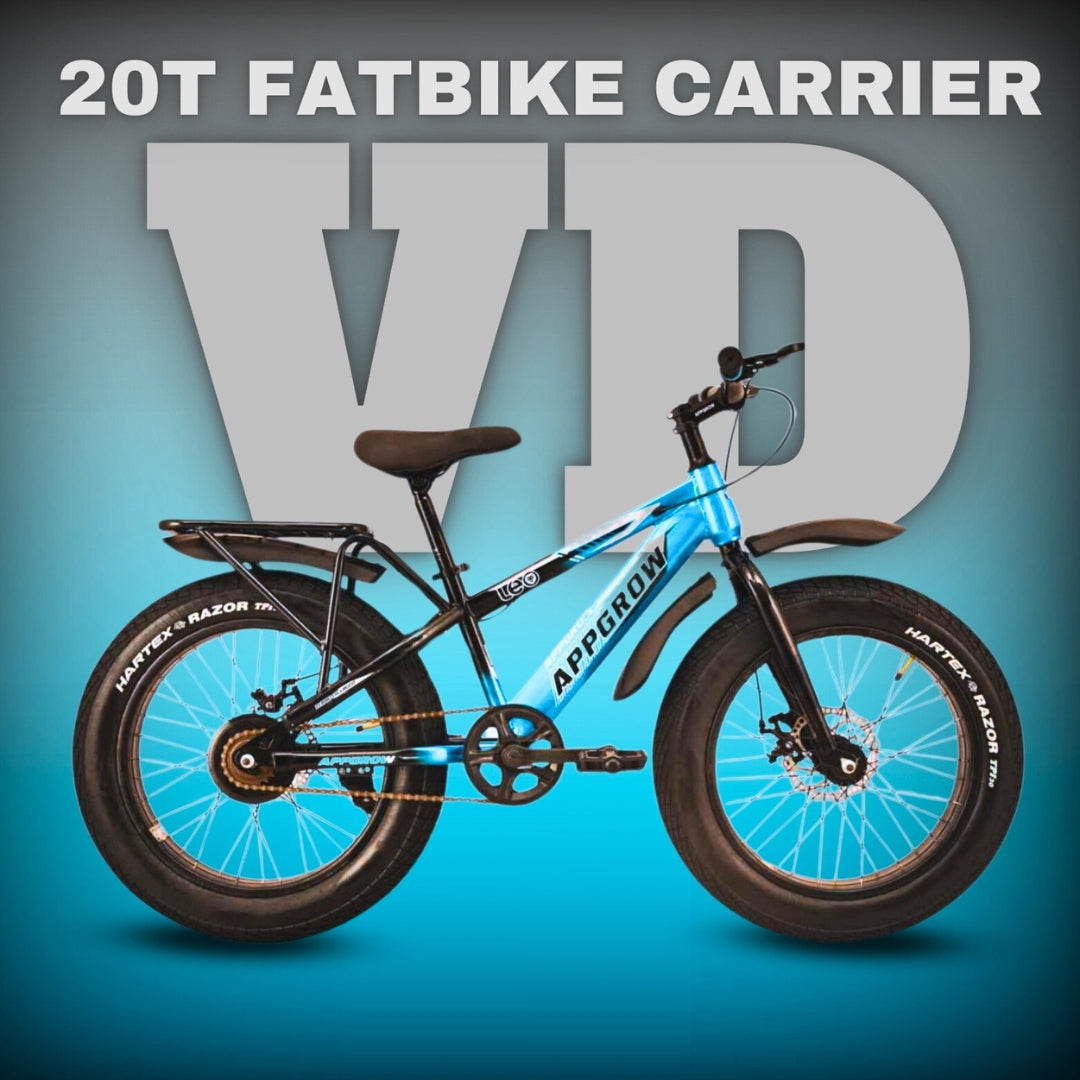 Appgrow 20T fatbike in cyan with IBC and rear carrier, fat tyres and disc brakes, designed for kids, displayed on a cyan VD background with text 20T FATBIKE CARRIER.
