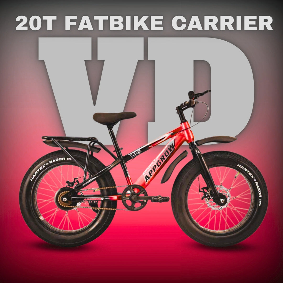 Appgrow 20T fatbike in red with IBC and rear carrier, fat tyres and disc brakes, designed for kids, displayed on a red VD background with text 20T FATBIKE CARRIER.