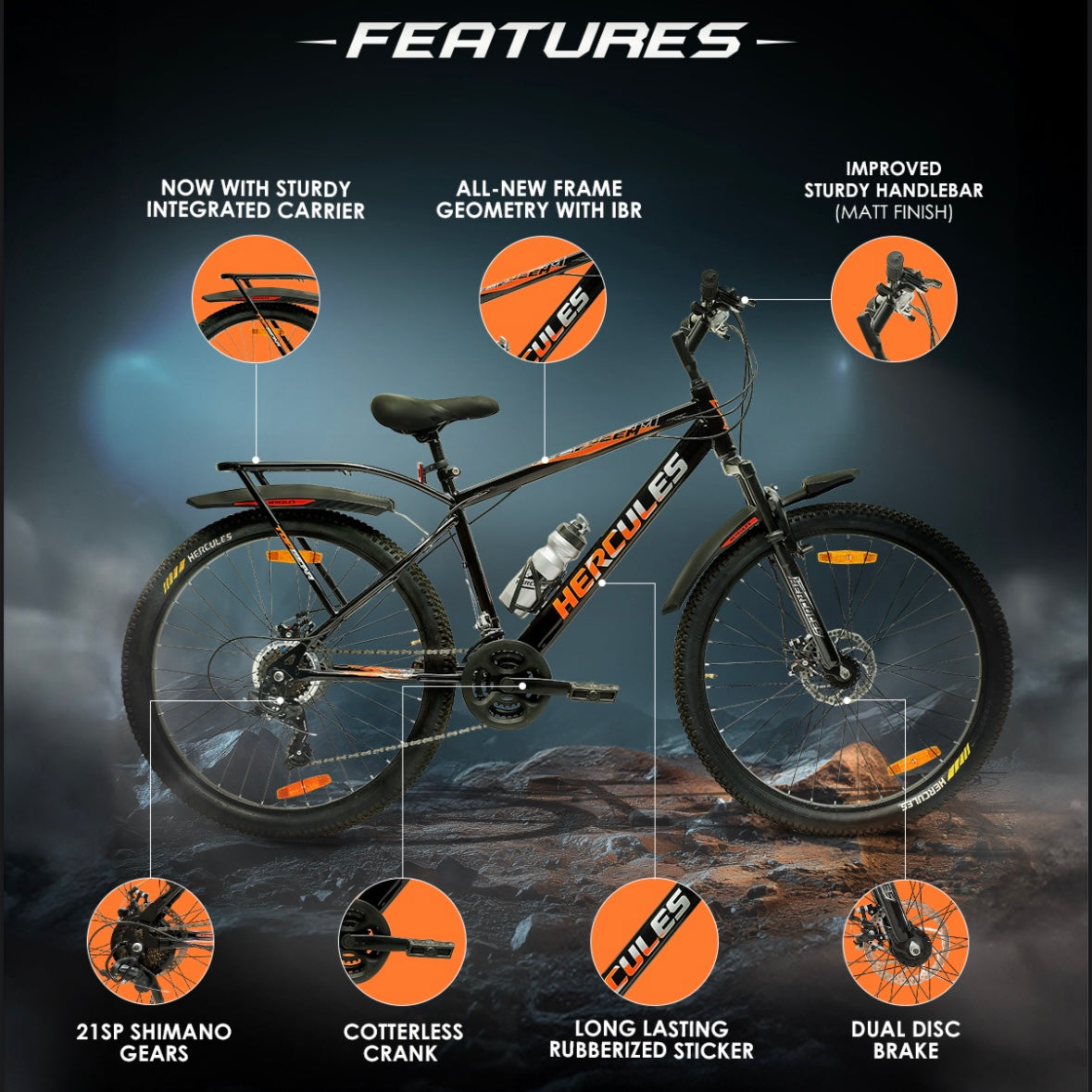 Hercules Redeem Black Orange Geared Cycle With Suspension And Dual Disc Brakes