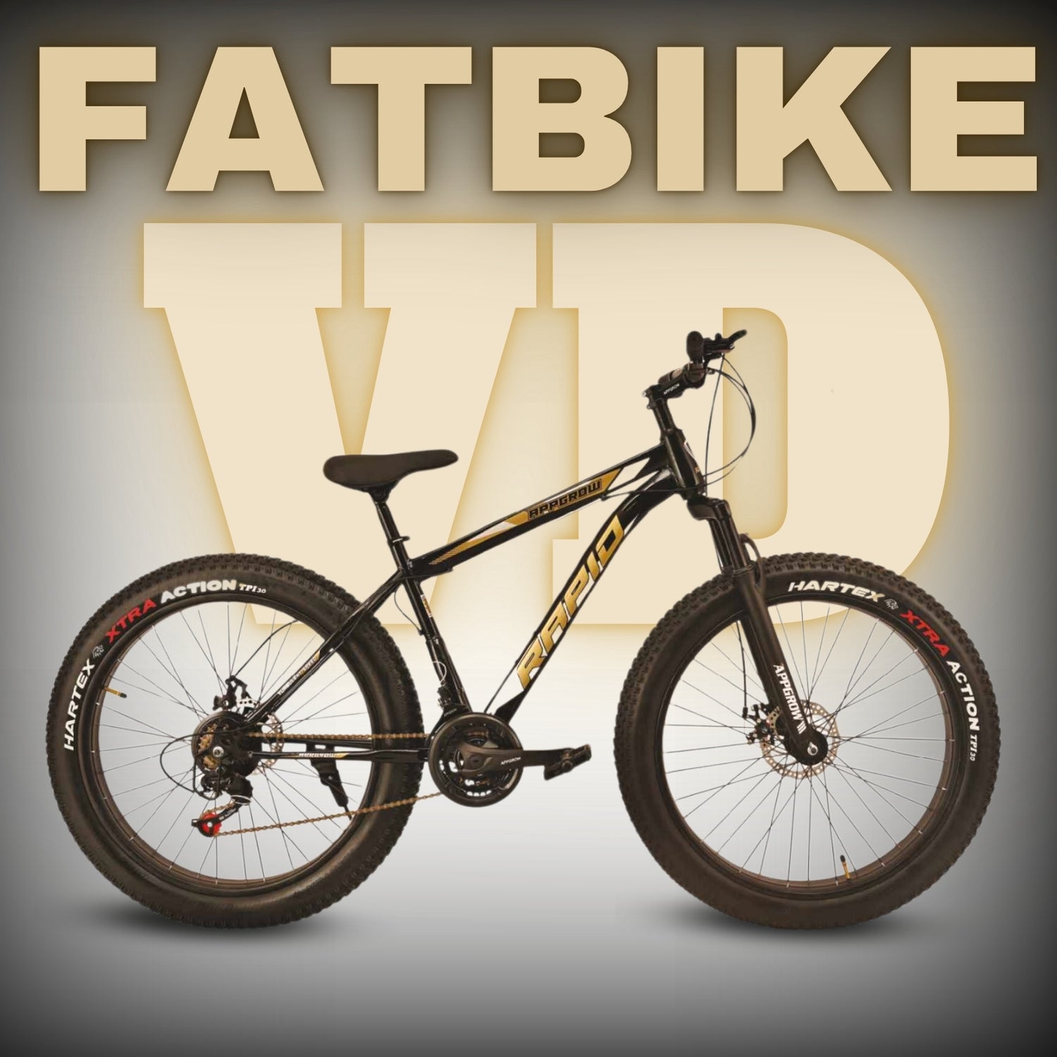 Appgrow Rapid 26T Fat Tyre Cycle with black-yellow frame, dual disc brakes, front suspension, and Xtra Action tyres