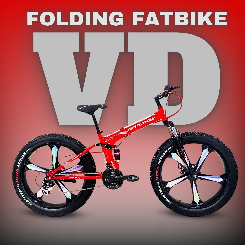 Red 26T Appgrow Folding Fatbike with Magwheels and Dual Disc Brakes, Hartex XTRA Tyres – Displayed with VD branding