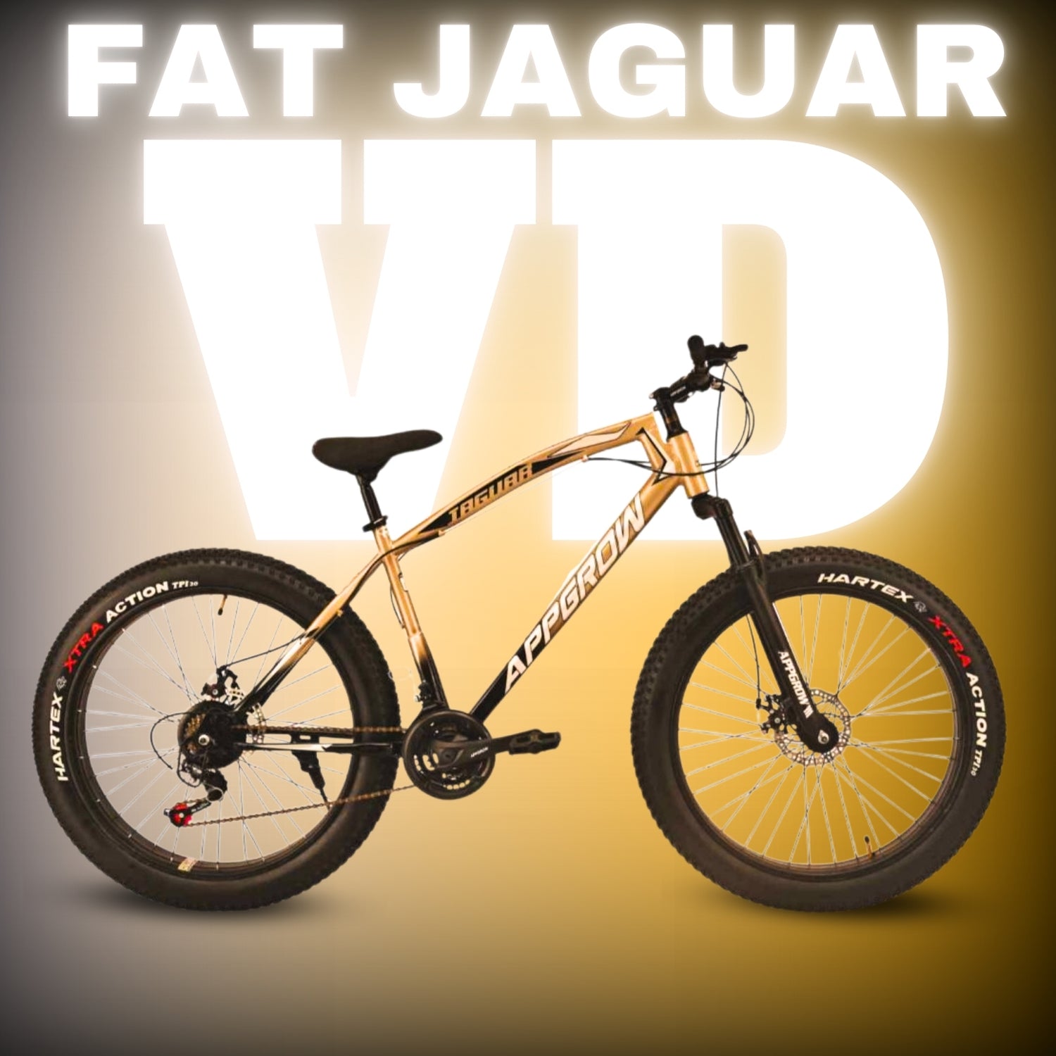 "Appgrow Jaguar 26T fatbike in gold and black color scheme with dual disc brakes, front suspension, and Hartex XTRA ACTION tyres – ideal for rugged terrain."