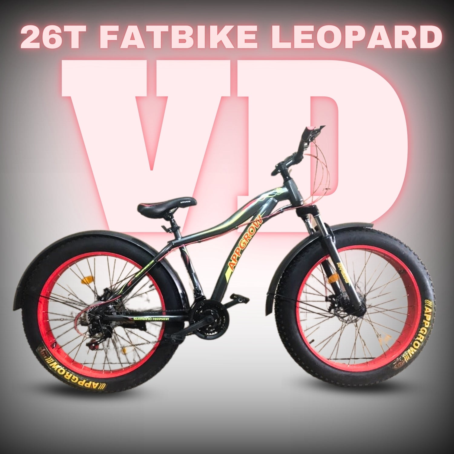 Green 26T Leopard fatbike with dual disc brakes and extra-wide tyres, displayed on a grey-red VD branded background