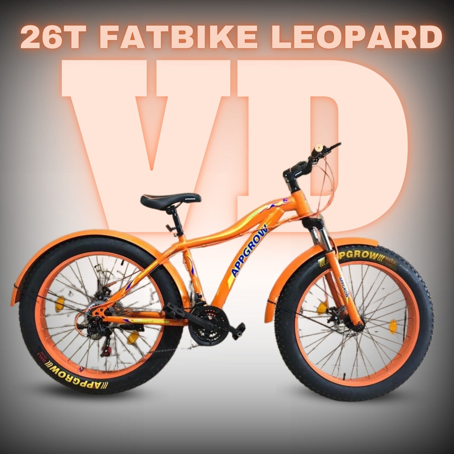 Green 26T Leopard fatbike with dual disc brakes and extra-wide tyres, displayed on a black-orange VD branded background