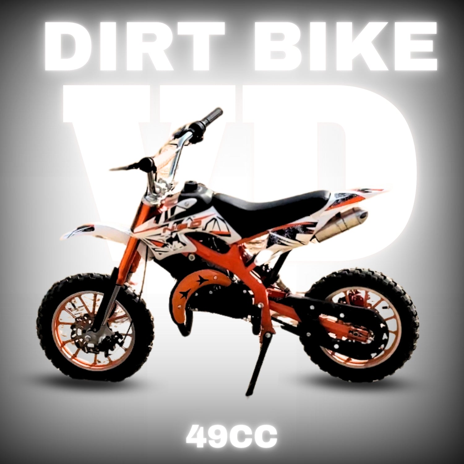 "Front view of 49cc petrol dirt bike for kids – rugged off-road style"