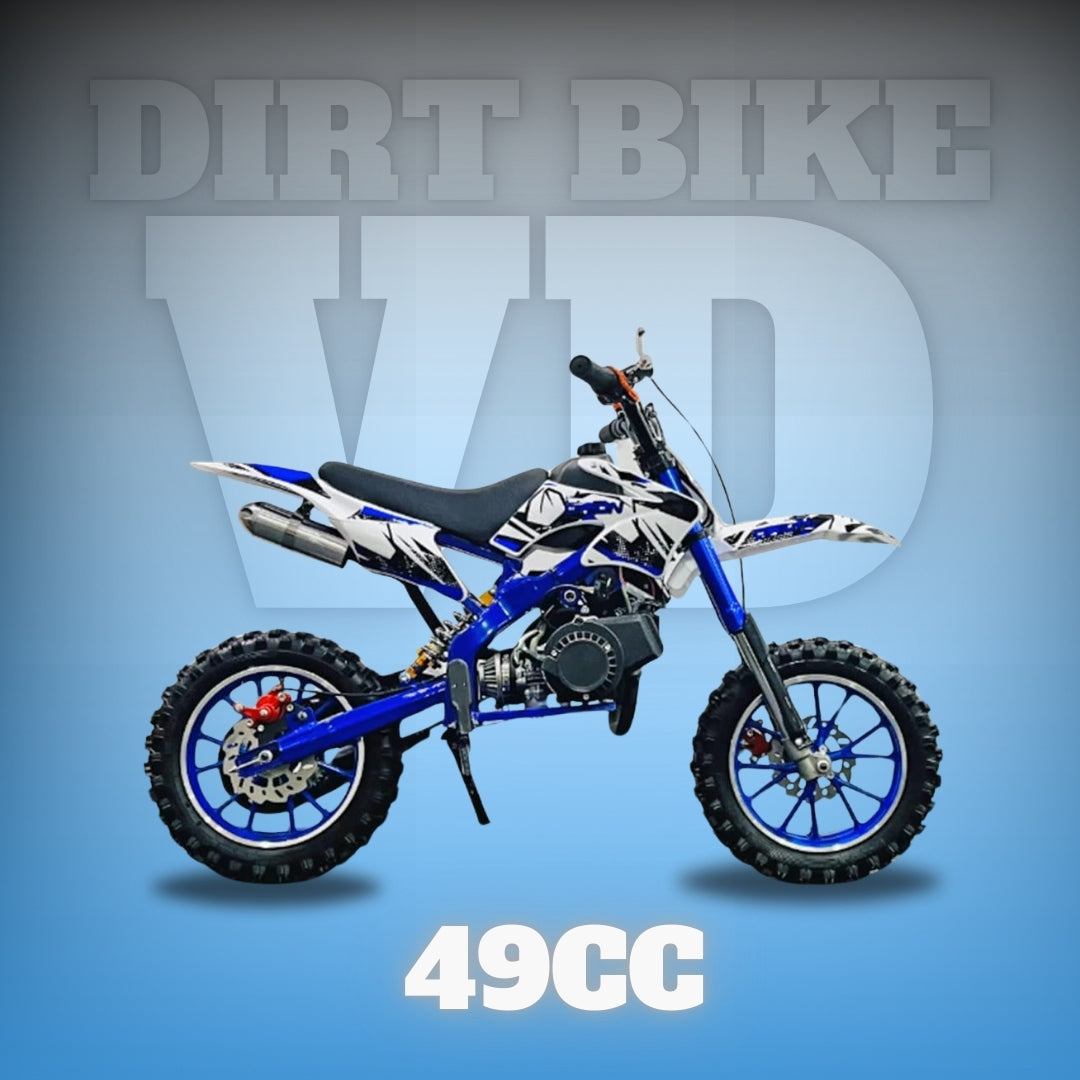 A 49cc dirt bike with blue, black, and white color scheme, featuring alloy wheels, disc brakes, and a pull start handle.