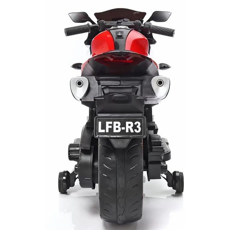 Rear view of red and black R3 electric ride-on bike for kids with number plate LFB-R3