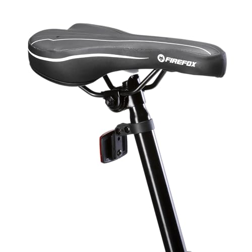 Close-up of a black Firefox bicycle saddle mounted on a seatpost, featuring an integrated rear reflector, displayed against a white background.