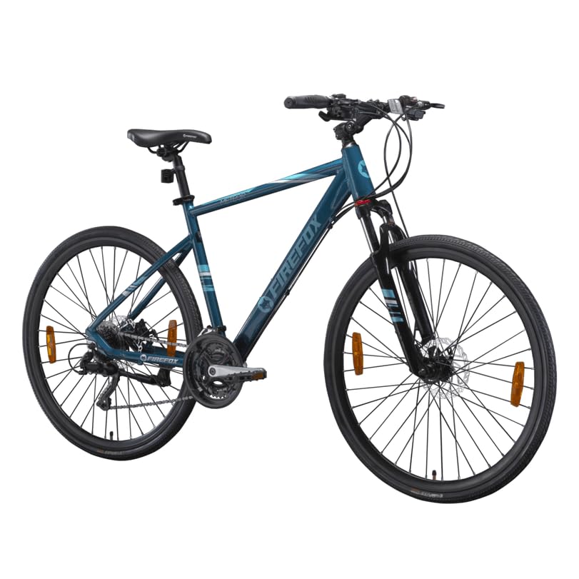 Blue Firefox Hybrid Cycle with Front Suspension and Disc Brakes – Side View