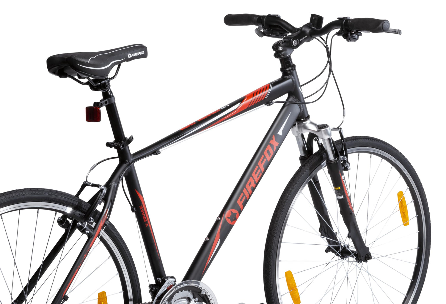 Angled side view of the Firefox Road Runner Pro D 700C hybrid cycle showing handlebar, seat, alloy frame, and front suspension fork in black and red graphics.