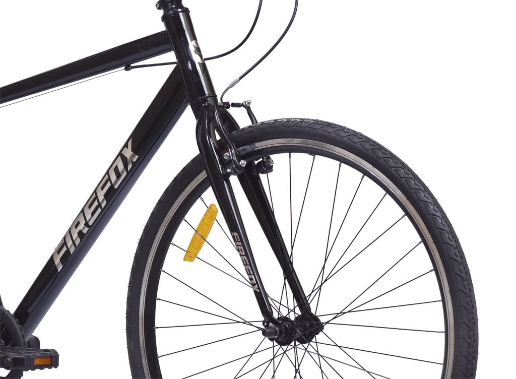 “Front wheel and fork section of the black FIREFOX Whiplash 700C cycle with yellow reflector, showcased against a white background”