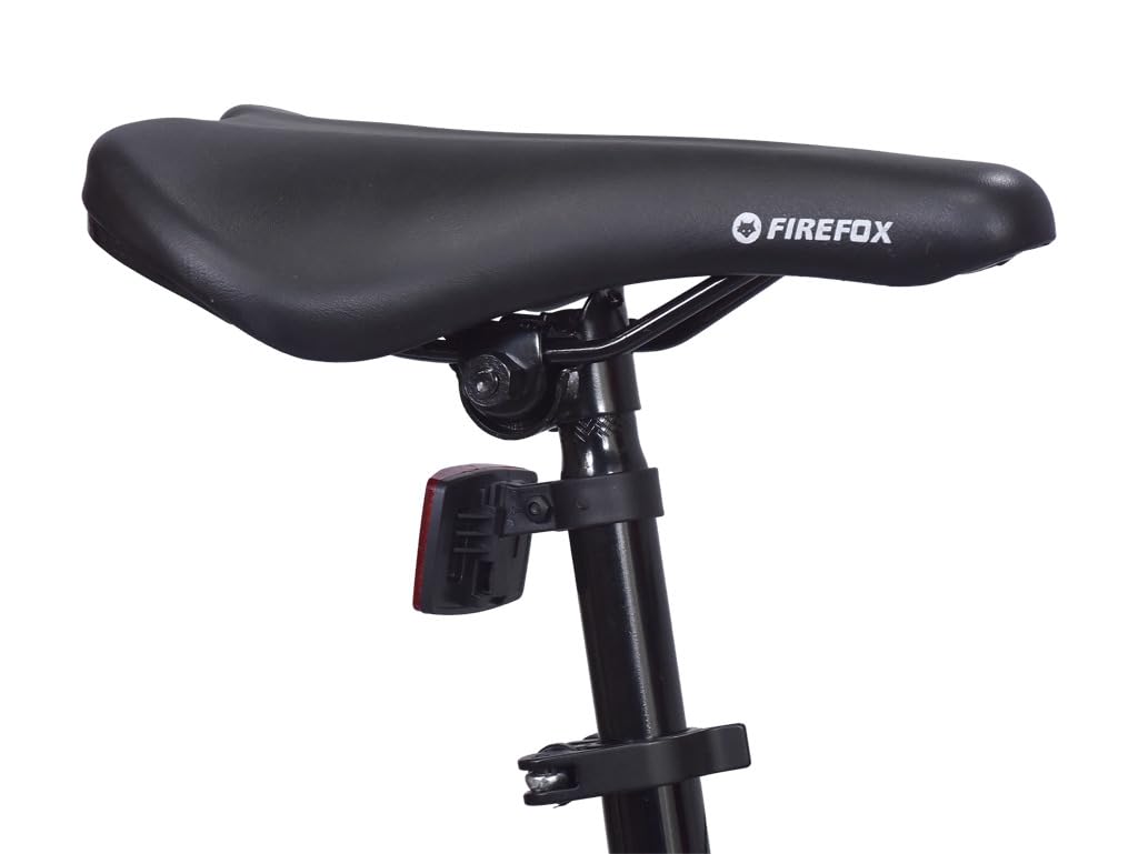 “Close-up of the black FIREFOX saddle with seatpost and rear safety reflector, displayed against a white background”