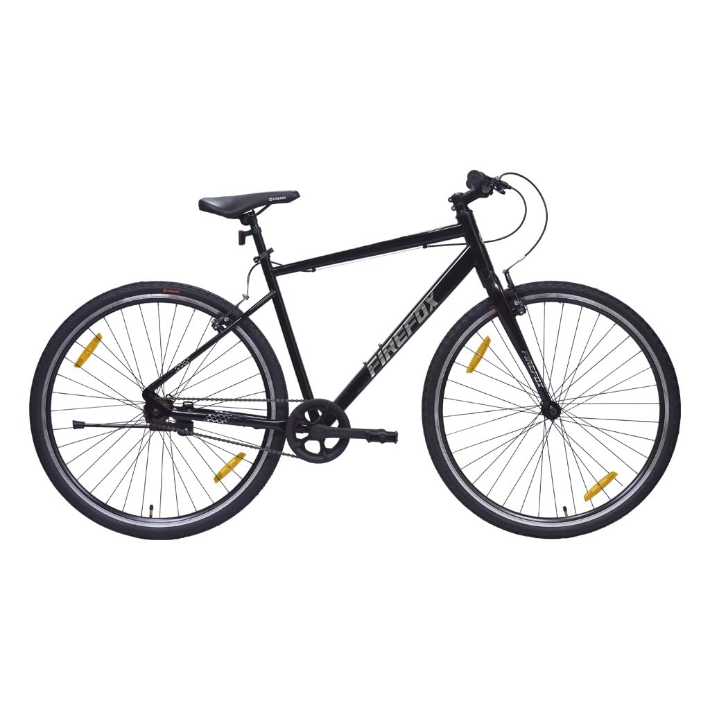 “Black FIREFOX Whiplash 700C T Hybrid City Bike with yellow wheel reflectors, side view on white background”