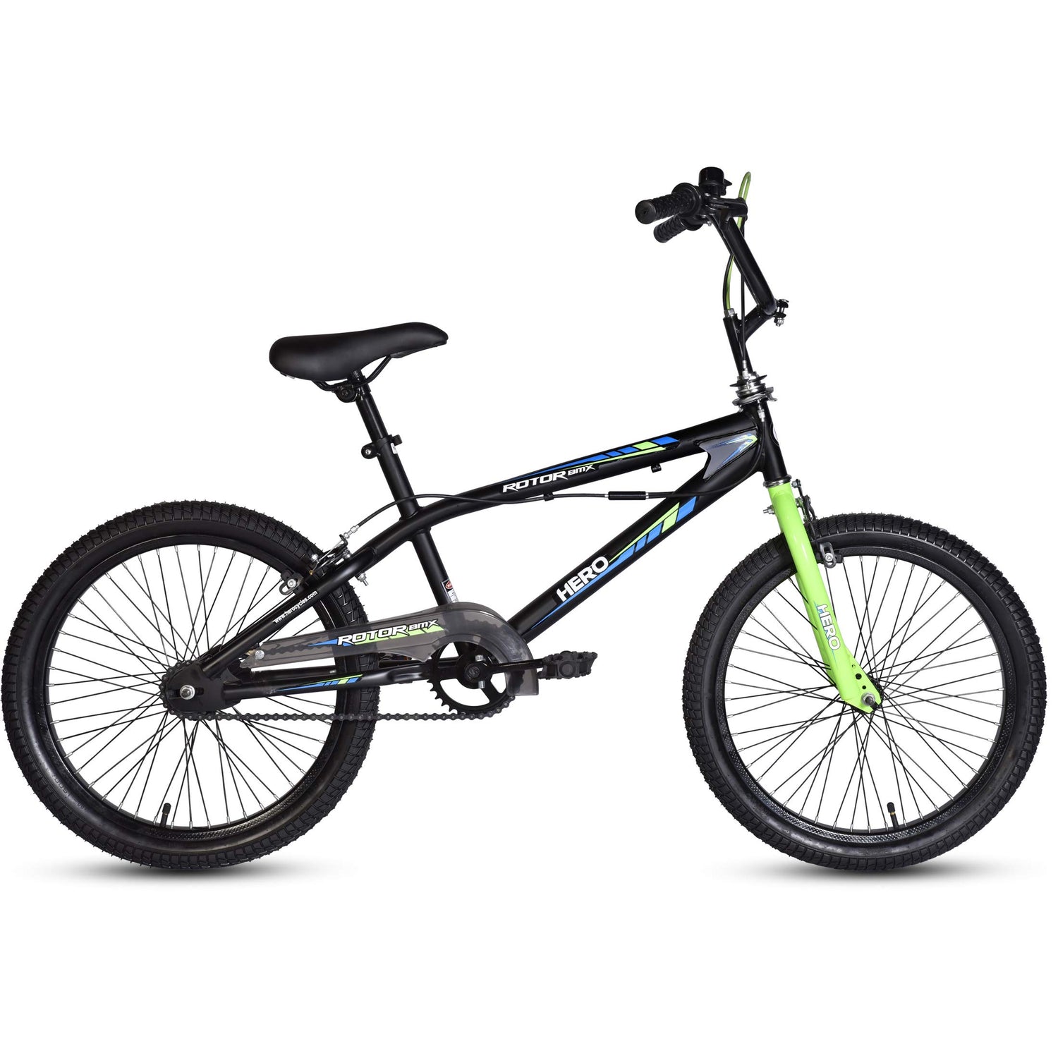 Hero Rotor BMX 20T stunt cycle in black with neon green fork, steel frame, and rugged tires – ideal for tricks and youth riding