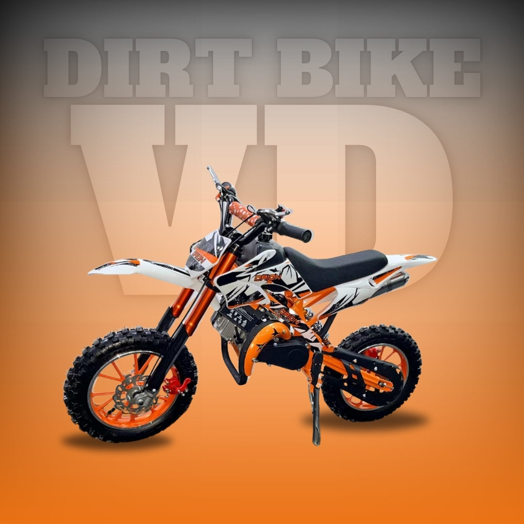 "Side view of 2-stroke petrol dirt bike with pull start and rugged footrest"