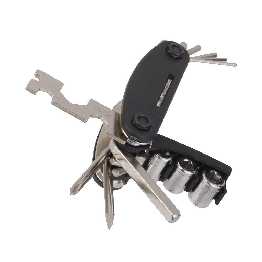 Compact 10-in-1 folding bicycle multitool featuring screwdrivers, socket wrenches, and hex keys for on-the-go bike maintenance.