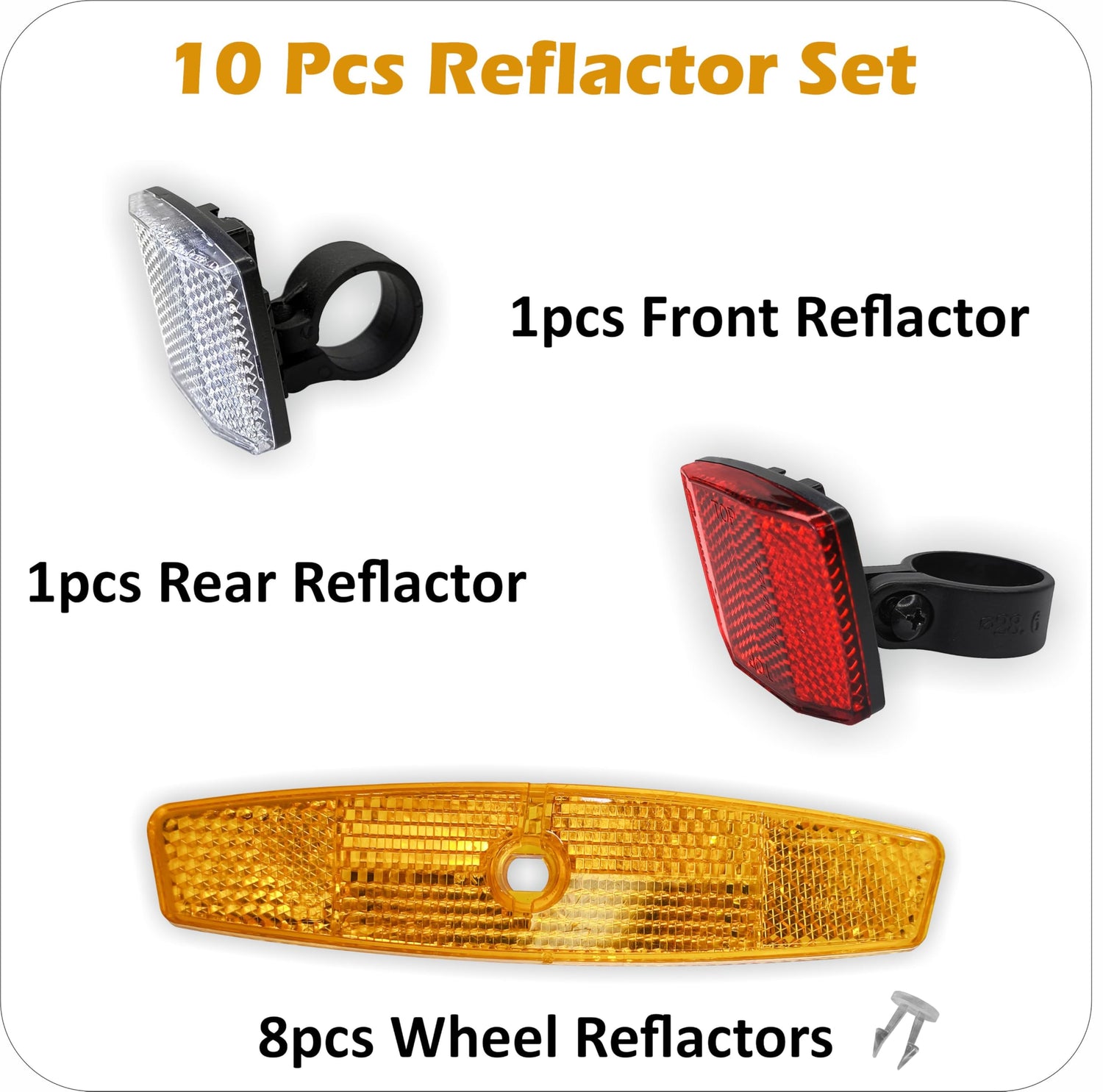 Complete 10-piece bicycle reflector set including 1 front white reflector, 1 rear red reflector, and 8 orange wheel reflectors displayed on a white background.
