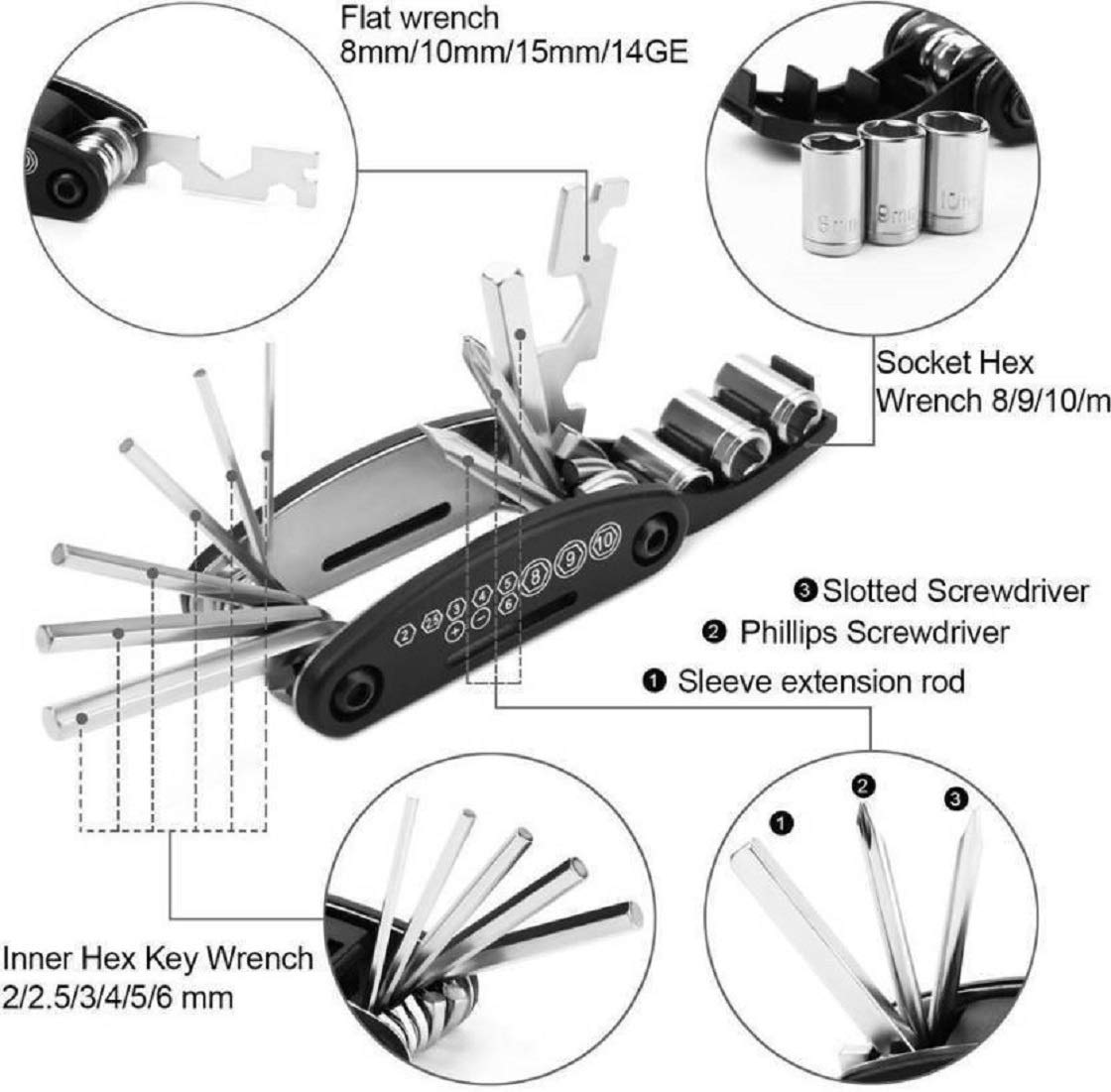 Labeled diagram of a 16-in-1 foldable bicycle repair multitool showing flat wrenches, socket hex wrenches, screwdrivers, and inner hex key wrenches for complete cycle maintenance.