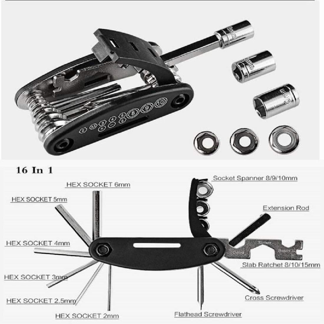 Labeled image showing 16-in-1 foldable bicycle repair tool with hex sockets, screwdrivers, spanners, and ratchets for complete cycle maintenance.