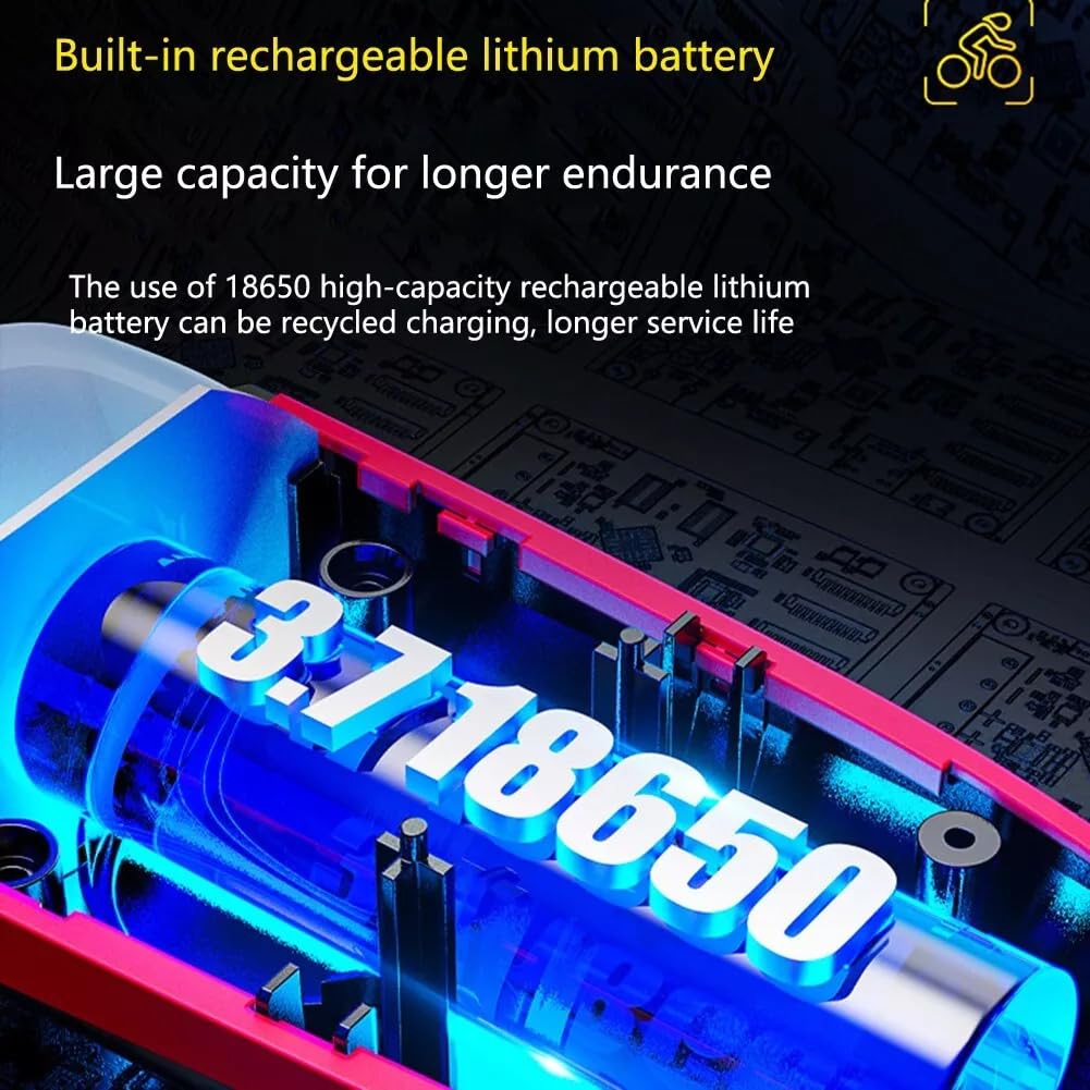 Cutaway view of a 3.7V 18650 rechargeable lithium battery with internal components and text describing long endurance and recycling features.

