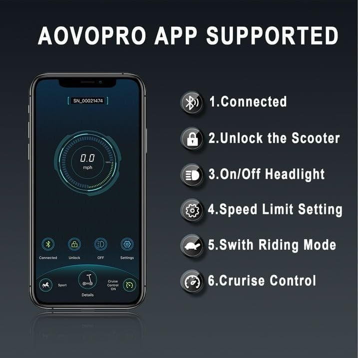 Mobile screen showing AOVOPRO app interface with feature list for electric scooter control, including speed, lights, and cruise mode.

