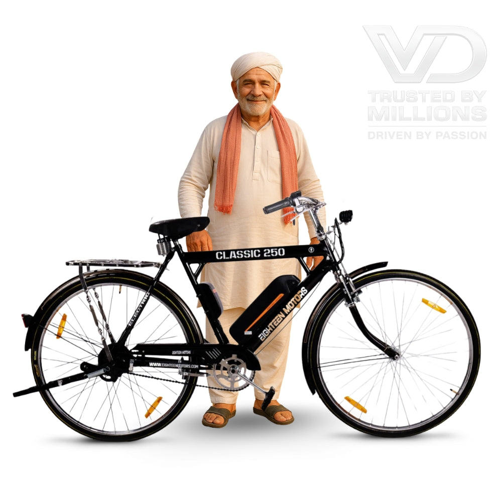 Classic 250 black electric cycle by Eighteen Motors with lead acid battery, shown with a rural man in traditional outfit on white background, VD branding.
