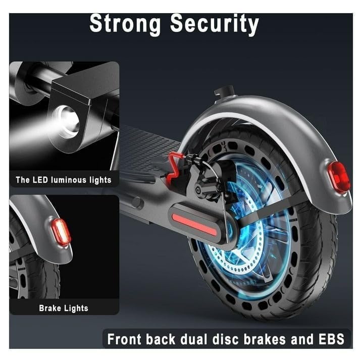 Close-up of electric scooter’s rear wheel showing dual disc brake system, EBS, LED headlight, and brake light for strong security.

