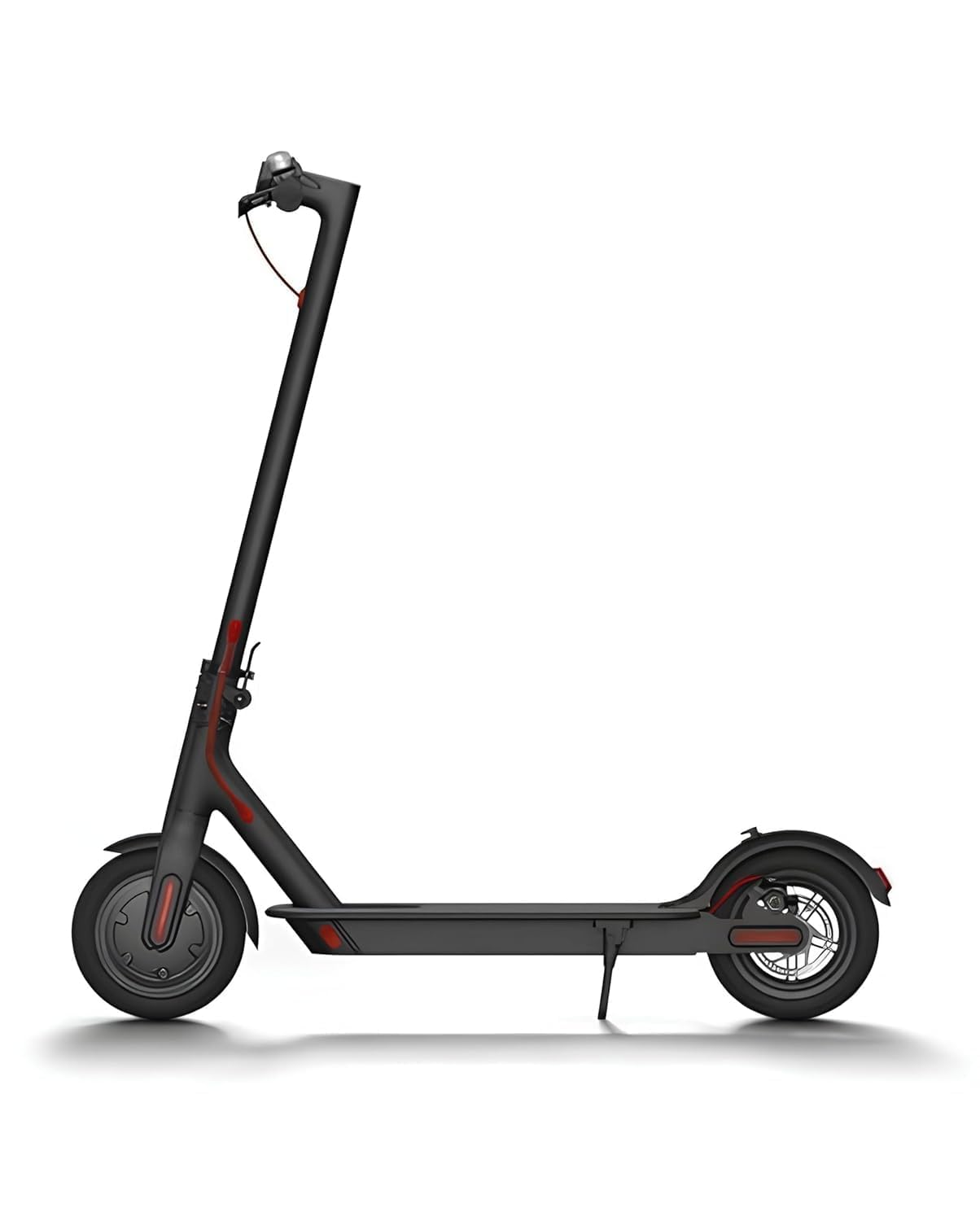 Black electric kick scooter with red accents, shown unfolded against a white background.

