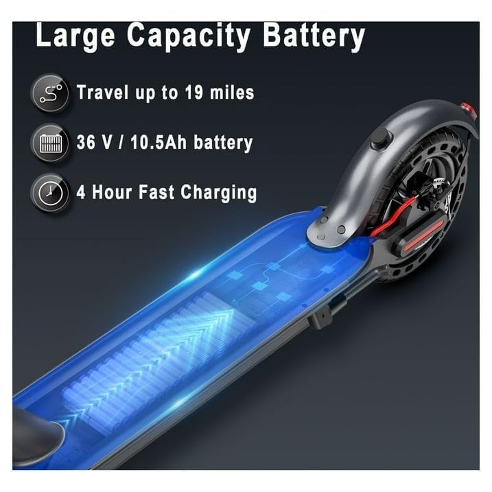 Close-up of electric scooter battery compartment showing large 36V 10.5Ah battery with 4-hour fast charging and 19-mile range.

