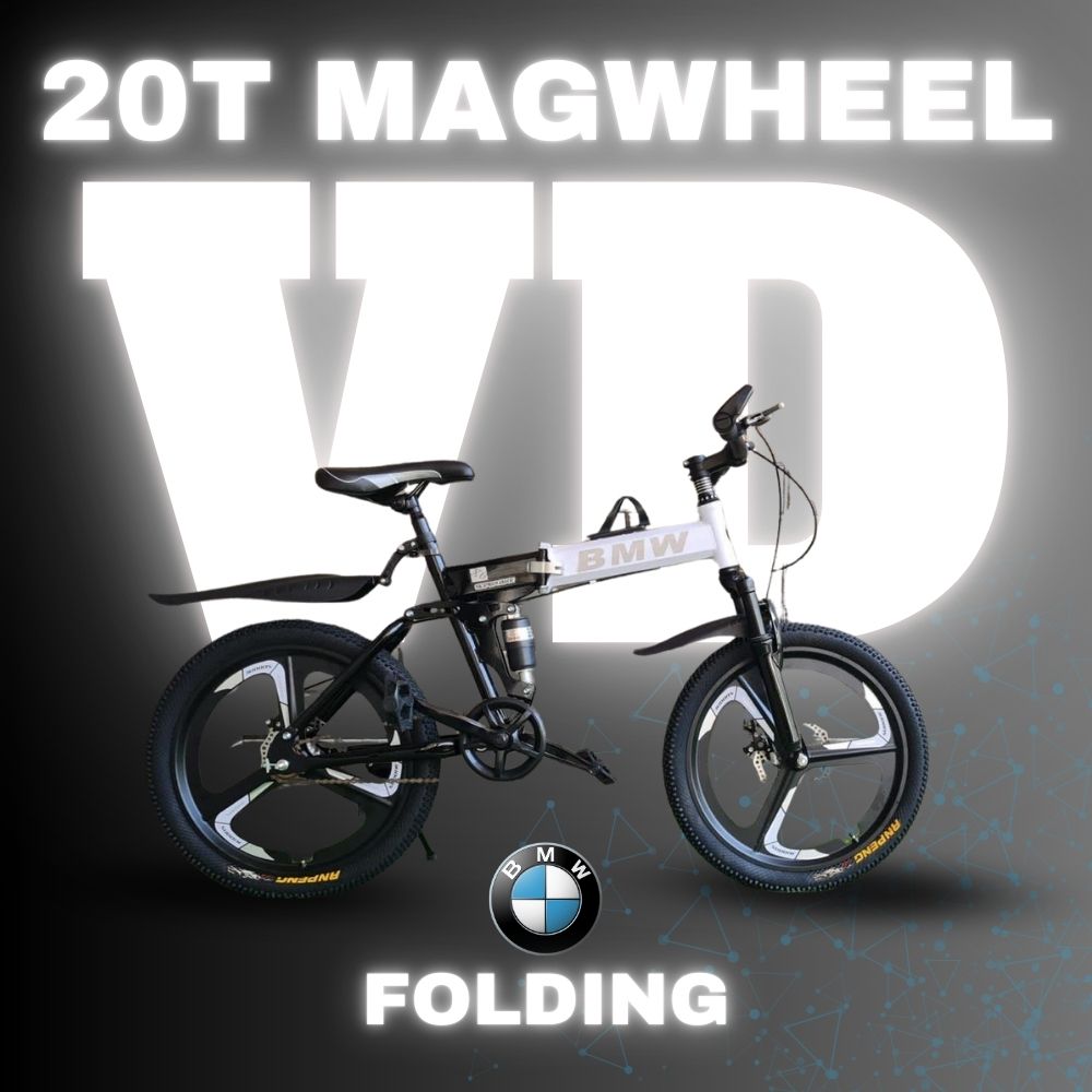 Sleek black 20T BMW folding bicycle with bold mag wheels, white frame branding, and front suspension – perfect for urban rides and compact storage

