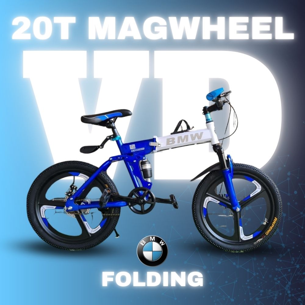 Blue BMW-style 20T folding cycle with mag wheels and front suspension, labeled "MAGWHEEL FOLDING" on a gradient blue background

