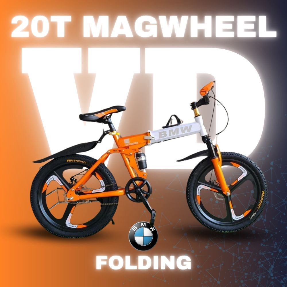 Sporty orange 20T BMW folding bicycle with mag wheels and front suspension, featuring a foldable frame and bold white BMW branding

