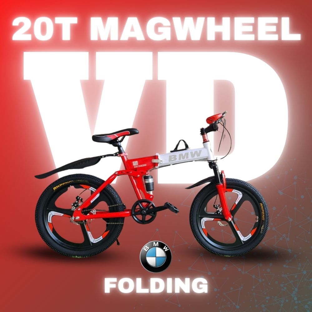Red 20T BMW folding cycle with mag wheels and front suspension, labeled "MAGWHEEL FOLDING" on a bold red backdrop


