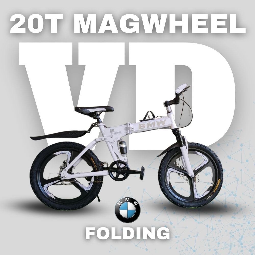 Sporty white 20T BMW folding bicycle with mag wheels and front suspension, featuring a foldable frame and bold white BMW branding

