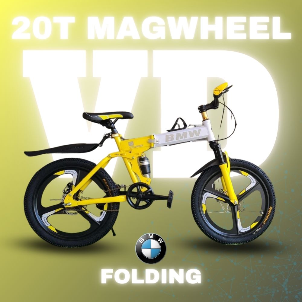 Yellow 20T BMW folding bicycle with stylish mag wheels, front suspension, and a bold folding frame, presented on a bright yellow backdrop with BMW branding

