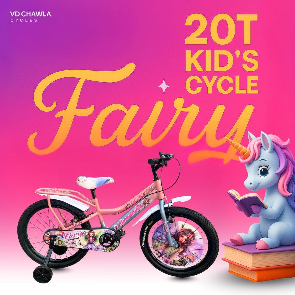 Children's bicycle with unicorn design on a pink and purple gradient background, featuring the brand 'VD Chawla Cycles'.
