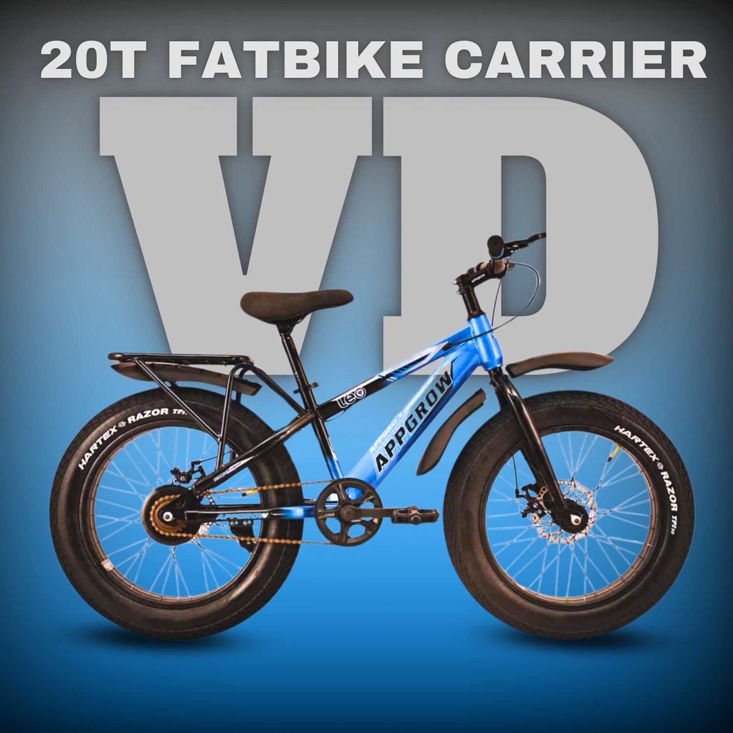 Appgrow 20T fatbike in blue with IBC and rear carrier, thick tyres and disc brakes, designed for kids, shown on a blue VD background.
