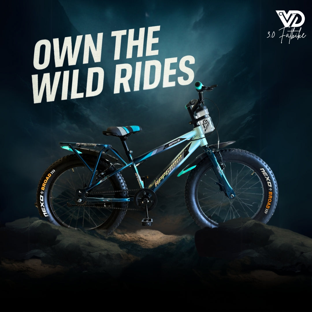 Appgrow 20T Spike 3.0 cyan fat tire cycle with NEXO BROAD wheels, styled for kids, set on a rocky terrain with the caption ‘OWN THE WILD RIDES’ and branding ‘30 Fatbike’.

