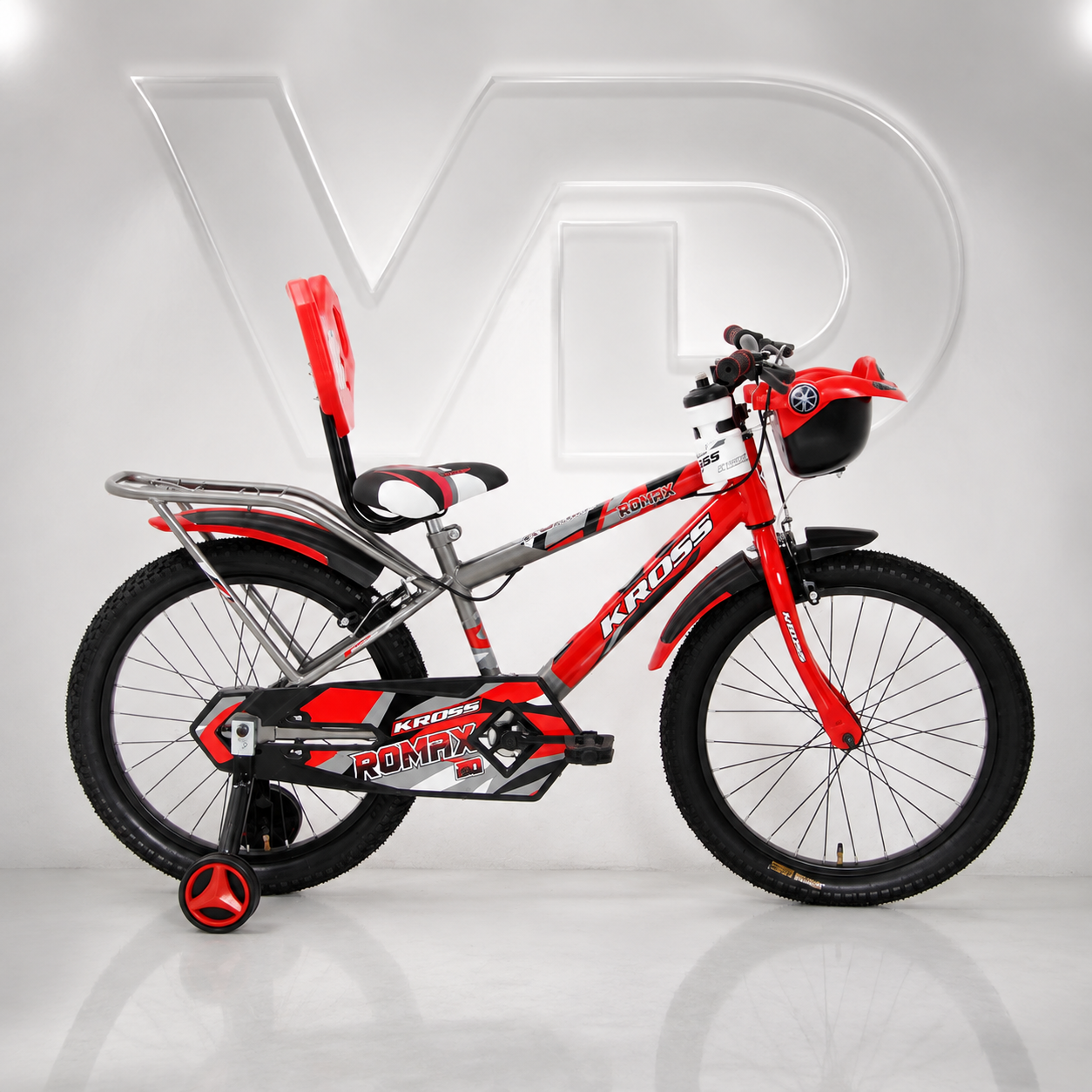 A red and Grey Kross Romax kids'  20Tbicycle with training wheels and a rear child seat, displayed in The studio of Vd Chawla cycle Store