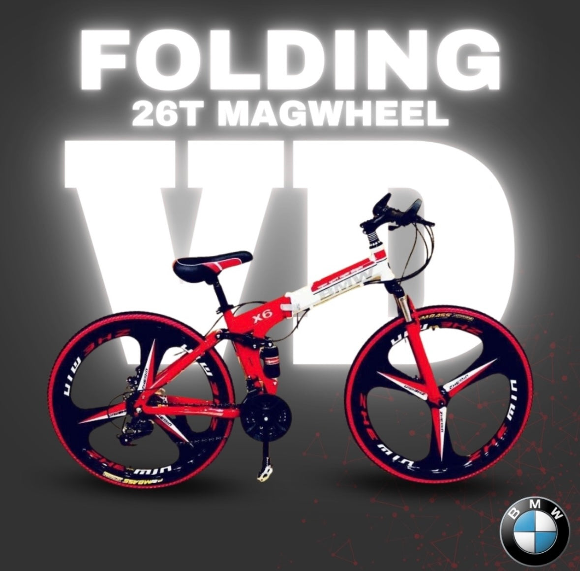 26T BMW Folding Cycle 21 Speed in Red with Dual Disc Brakes and Folding Frame