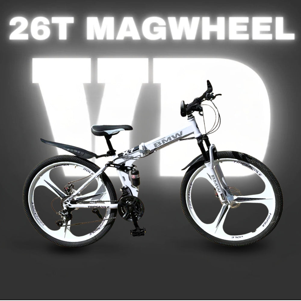 White BMW folding bike with foldable frame and disc brakes