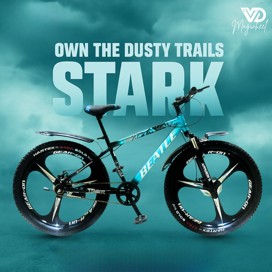 A bicycle with black and blue coloring, featuring large wheels suitable for off-road riding, branded with 'BEETLE' on the frame and 'APPGROW' on the wheels.
