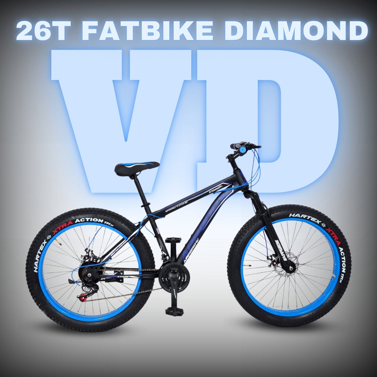 A 26T fatbike with black,and blue color scheme, featuring a diamond frame design and 21 gears.