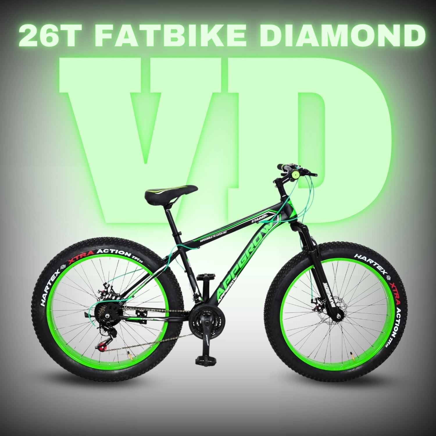 A 26T fatbike with black, green, and orange color scheme, featuring a diamond frame design and 21 gears.