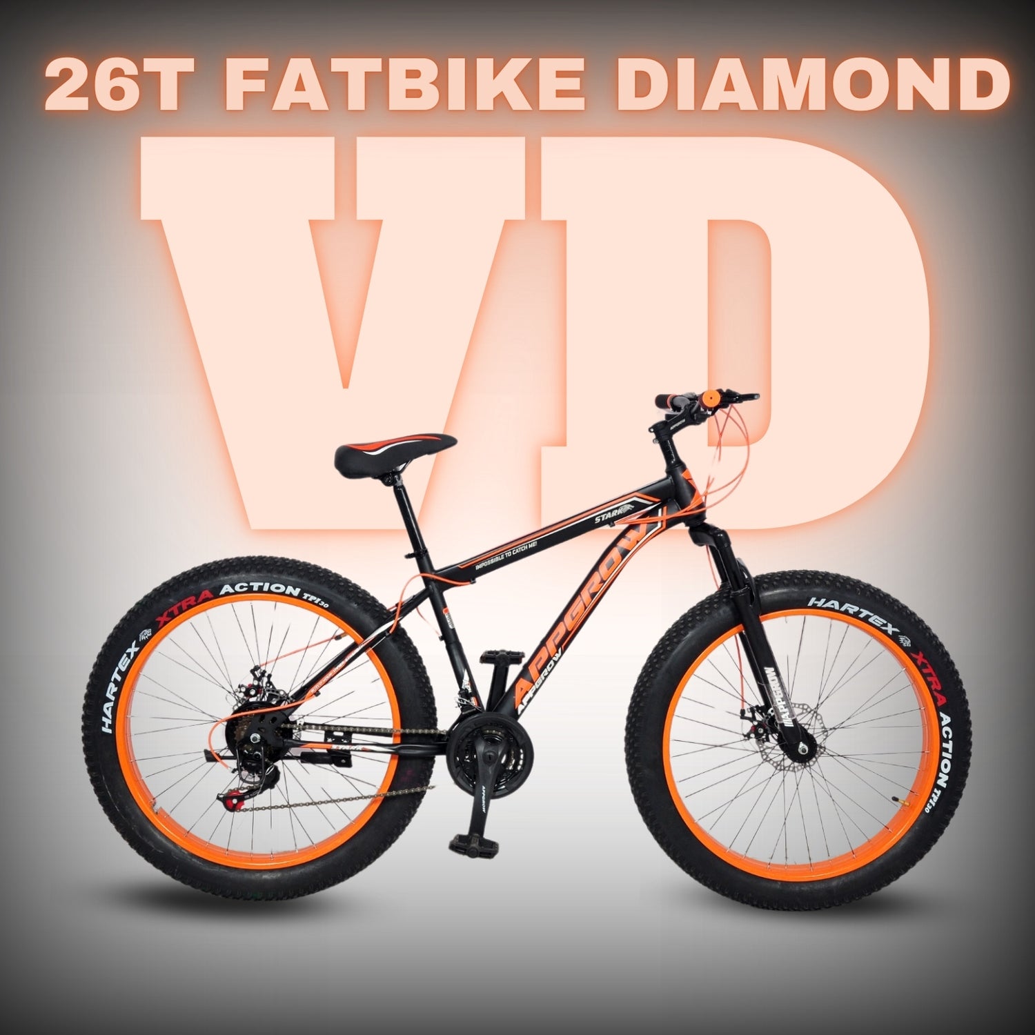 A 26T fatbike with black, green, and orange color scheme, featuring a diamond frame design and 21 gears.