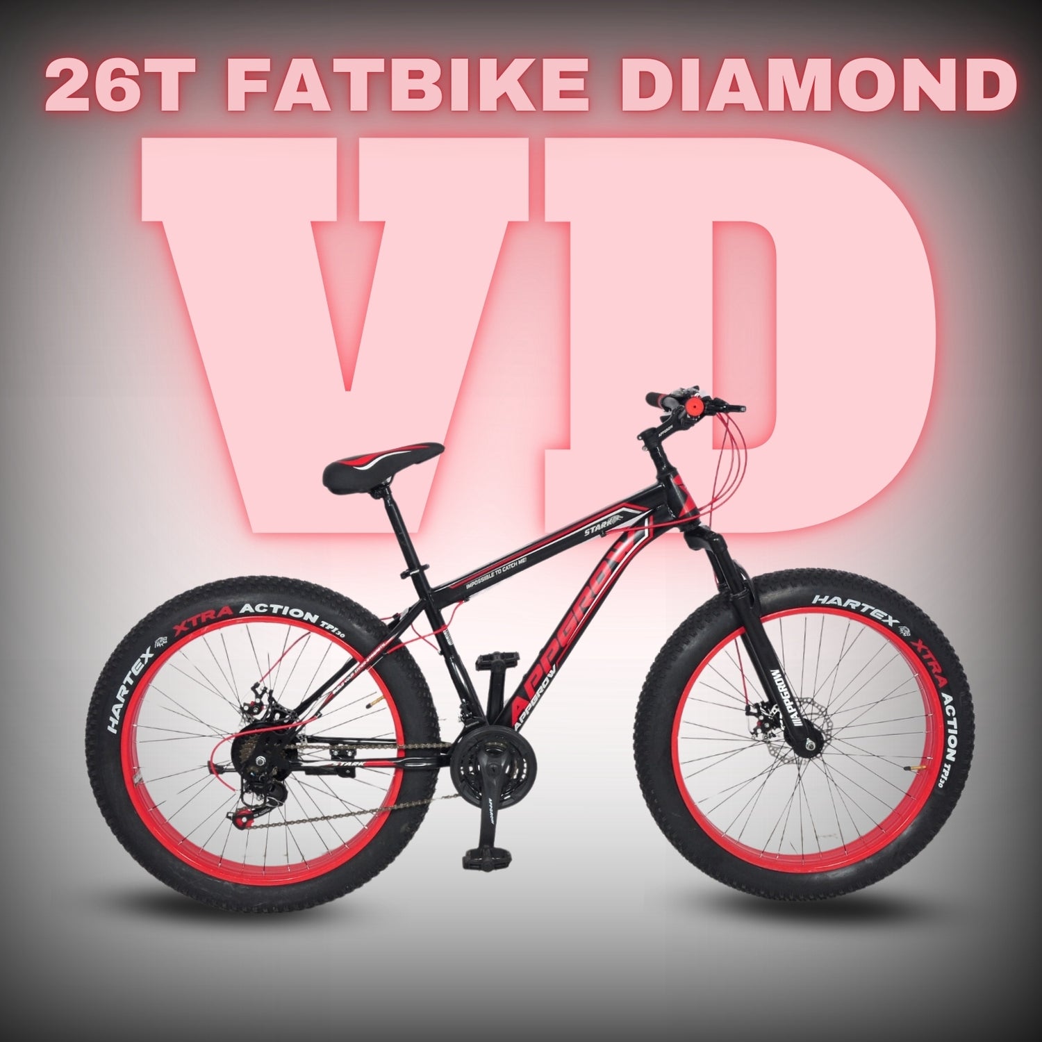 Appgrow Diamond 26T Fatbike with red alloy rims, dual disc brakes, front suspension, and Xtra Action fat tyres
