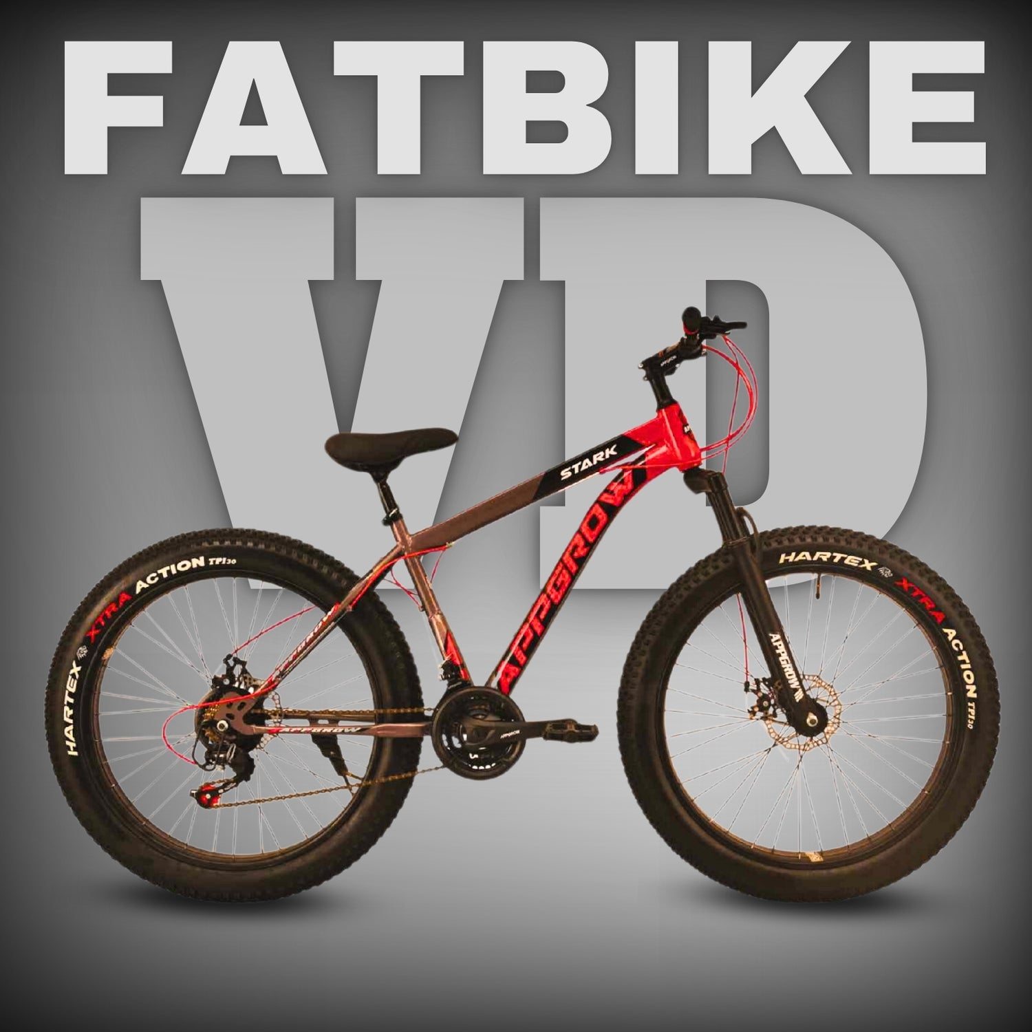 Appgrow Stark 26T Fat Tyre Cycle in red-black color with front suspension, dual disc brakes, and 26x4.00 Hartex tyres
