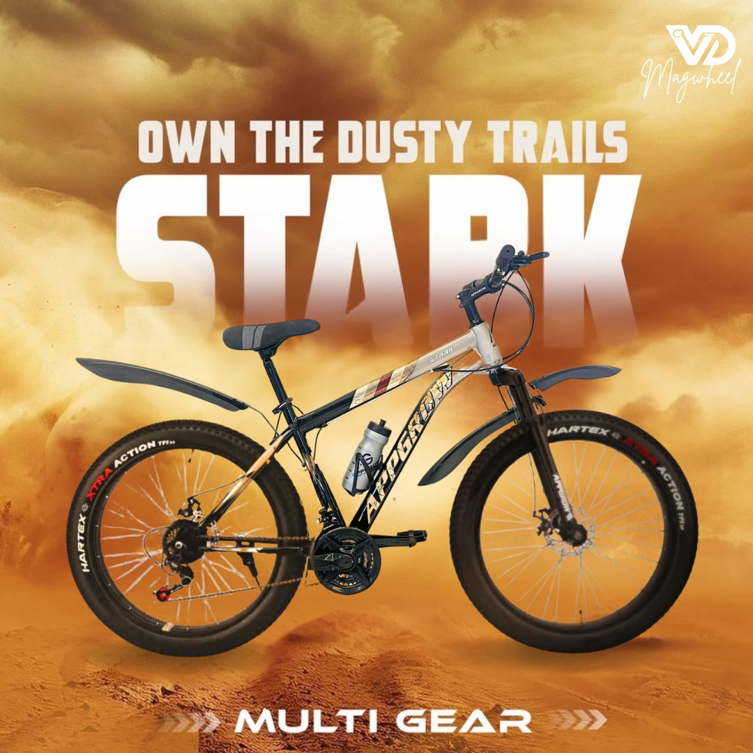 Appgrow STARK 26T Fat Tyre Cycle with multi-gear system, front suspension, disc brakes, and sandstorm background
