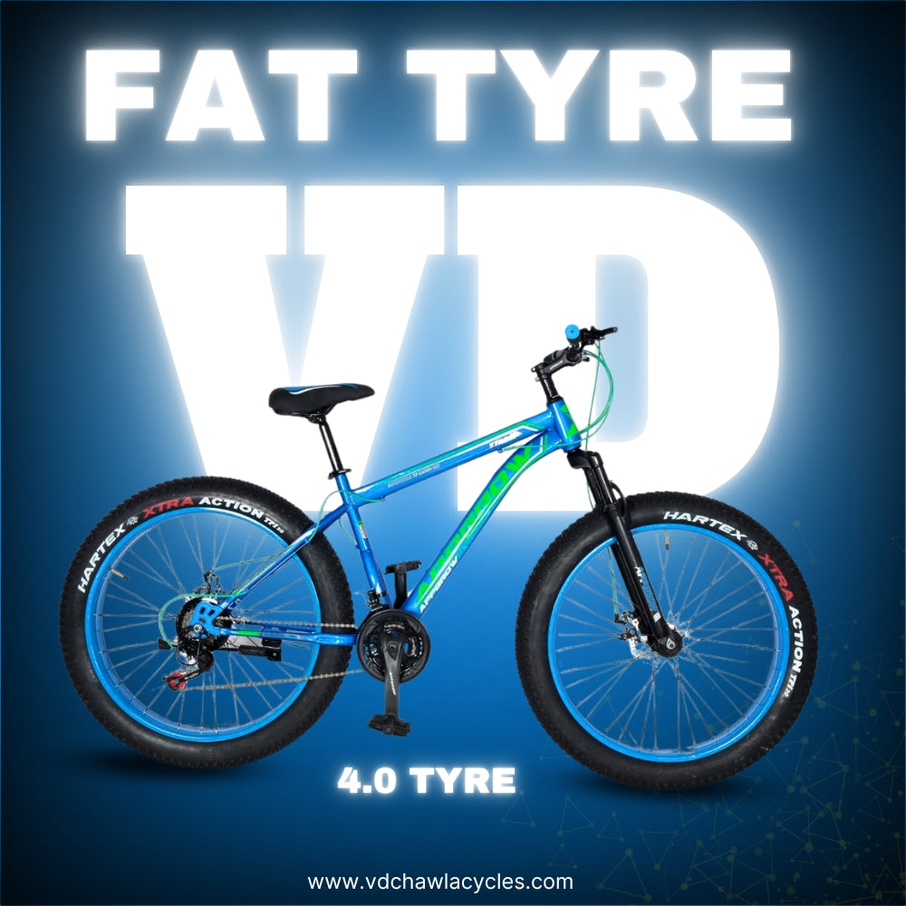 Appgrow 26T Fat Tyre Cycle in blue and green with front suspension and dual disc brakes, 4.0 inch Hartex XTRA tyres
