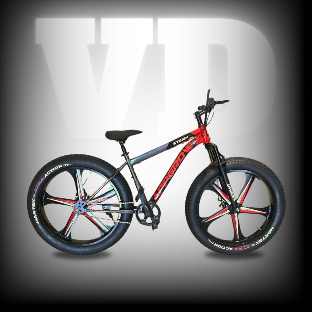 Appgrow 26T Stark Fat Tyre Cycle – Red-Black Magnesium Magwheel Bike with Dual Disc and Suspension – Vd Chawla Cycles

